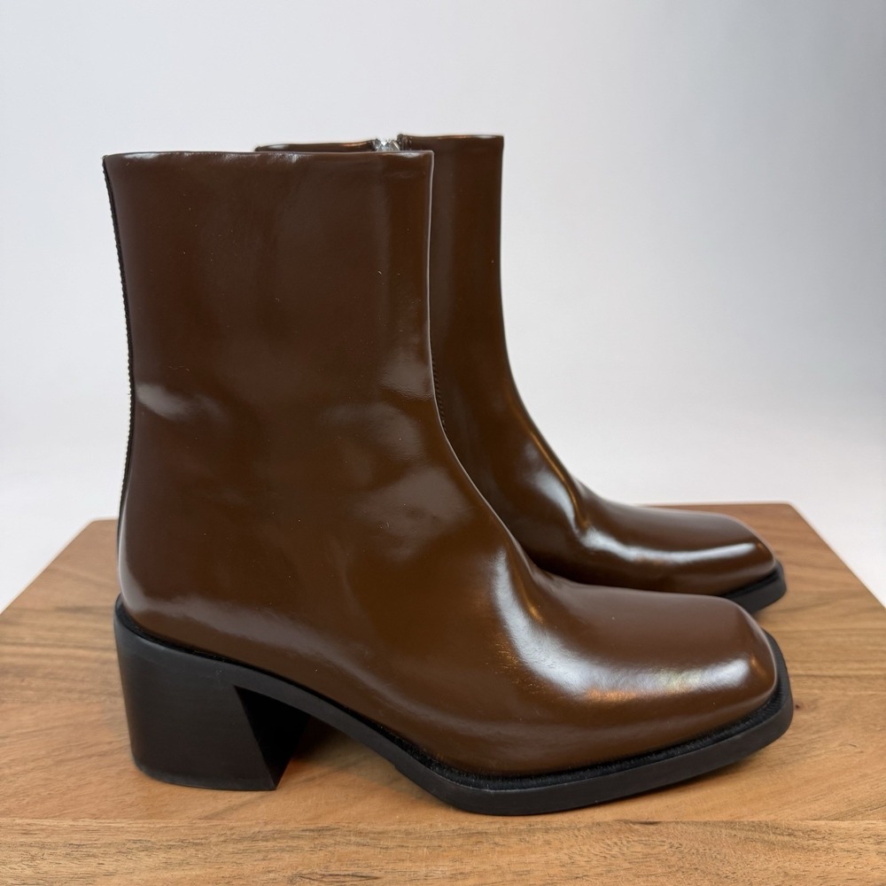New Womens Filippa K Brown Glossy Leather Square Toe Heeled Boots Size EU 36